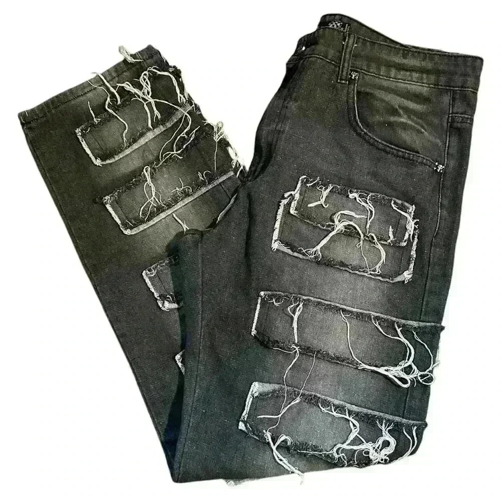 RARE Rebel Vengeance Black Wash Distressed Jeans With Skulls Accents Size 34